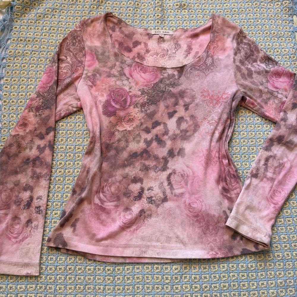 Xcit USA Pink Leopard Rose Beaded Long Sleeve Top Small Fairycore McBling